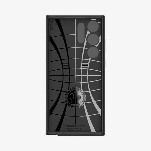 ACS05639 - Galaxy S23 Ultra Case Optik Armor in black showing the back with lens protector slot open